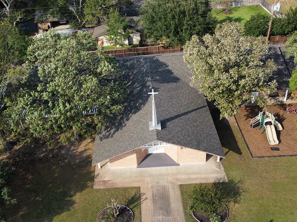 Terzo Roofing church roofing project aerial view in Houston, TX